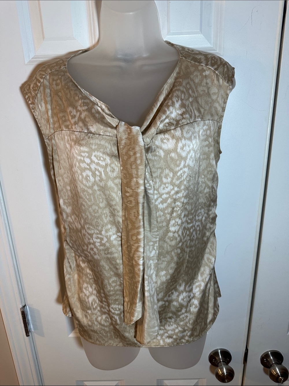 Ann Taylor Silk Beige Tie-Neck Cap Sleeve Blouse - Picture 3 of 9